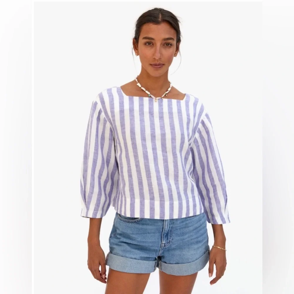 Clare V Célia Blouse - Purple &
White Linen Stripe / XS like new original $215 - Picture 3 of 10